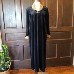 Vintage Diamond Tea Sz M Black Velvet Zip Robe Animal Print Collar Cuffs Pockets